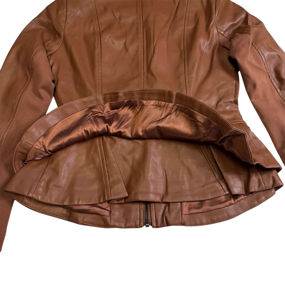 GILI British Tan Leather Peplum Jacket Coat 
Size 2  Zip Front and Sleeves NWT - Picture 5 of 17